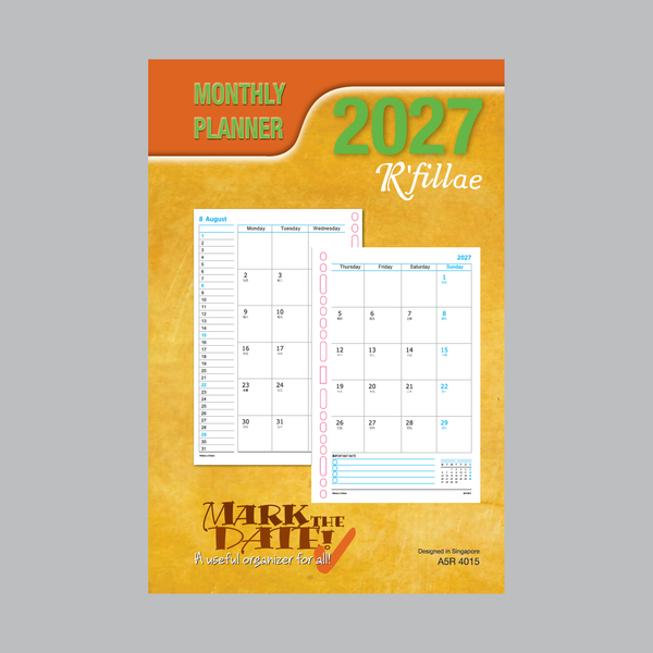 R'fillae 4015 A5/A6 Monthly Diary Planner Refill (Year 2027)