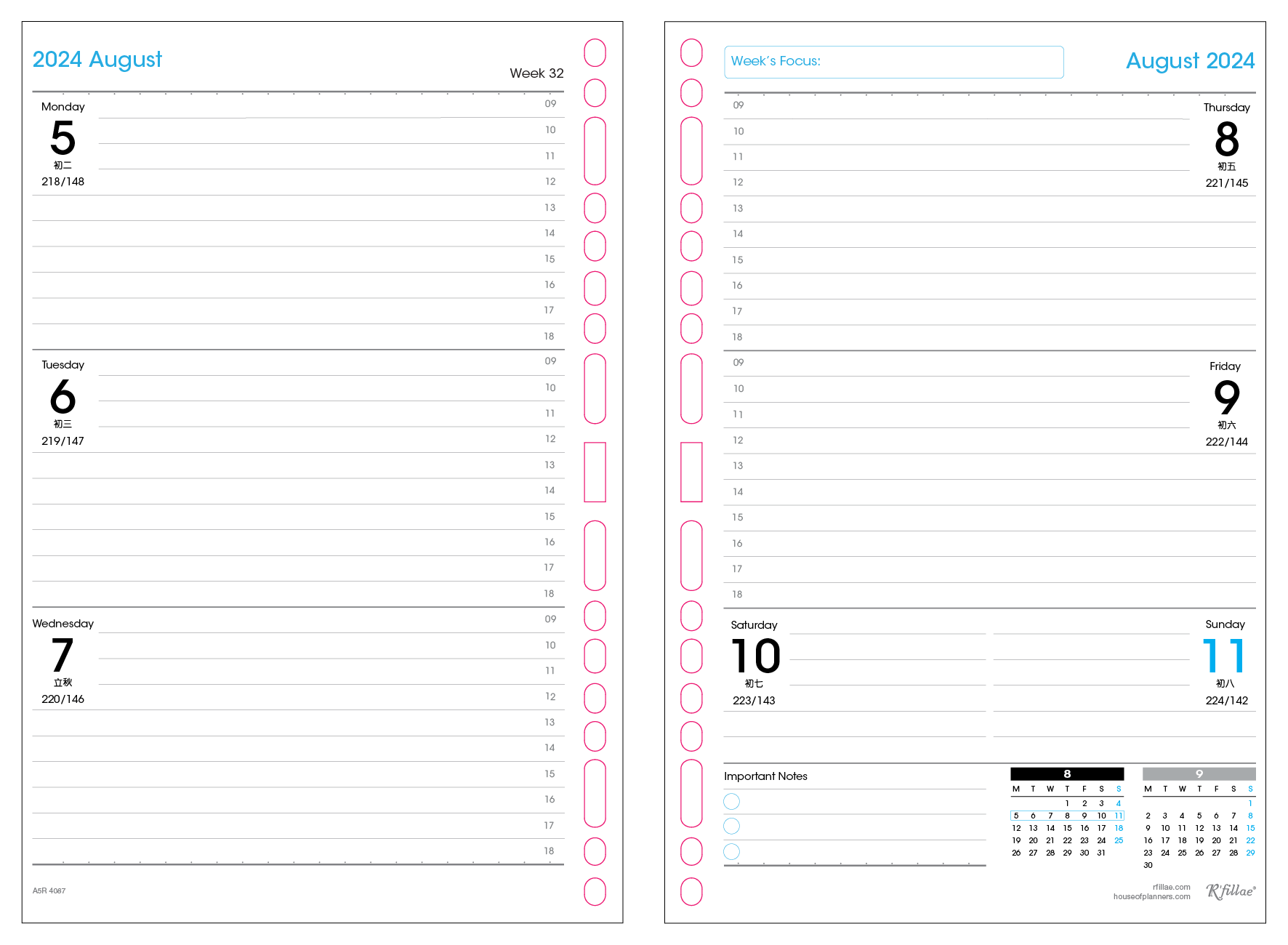 R'fillae 4087 A5/A6 Weekly Planner Diary Refill (2024)