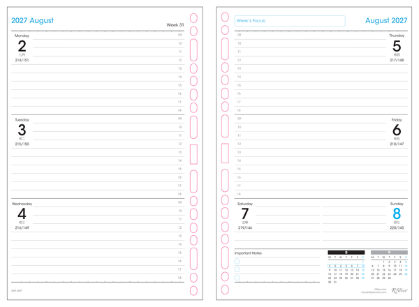R'fillae A5/A6 Wire-O Binder 1 Week on 2 Pages Planner Diary (2027)