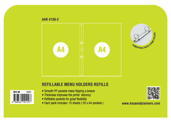 R'fillae A4 PVC Pocket Refill for Menu Folder